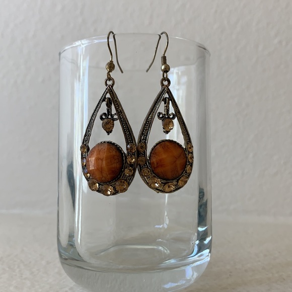 Vintage Metal and Orange Stone and Crystal Drop Earrings - Picture 3 of 11
